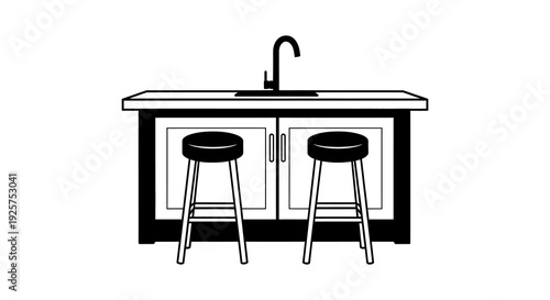 Simple black and white illustration of a kitchen island with bar stools