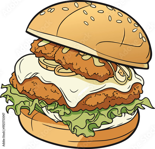 A colorful cartoon illustration of a crispy chicken burger with fresh toppings
