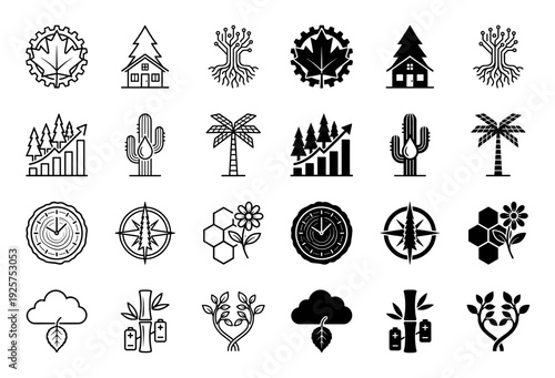 Collection of hybrid nature and industry icons featuring maple leaf gears forest growth charts cactus water drops and circuit tree concepts