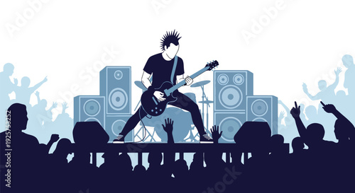 Modern vector illustration of punk guitarist performing on underground stage with loud speakers and energetic stance representing alternative rock music culture and live performance scene