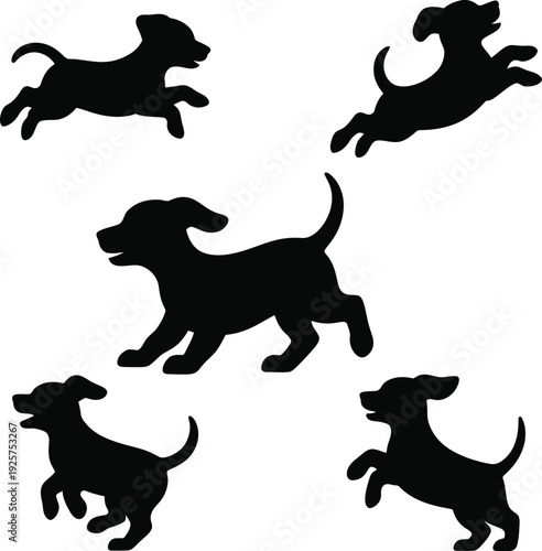 Black silhouettes of dogs running on white background
