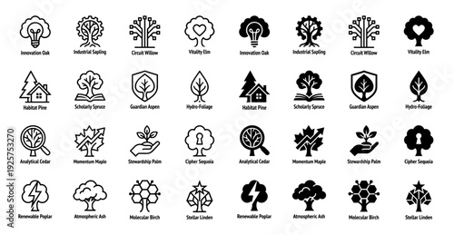 Collection of hybrid nature icons merging organic tree silhouettes with industrial and conceptual symbols in both outline and solid black styles