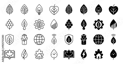 Collection of hybrid leaf icons merging nature with technology and energy symbols featuring linear and solid designs for sustainability concepts
