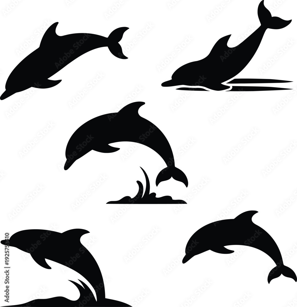 Fototapeta Black silhouettes of dolphins in various swimming positions