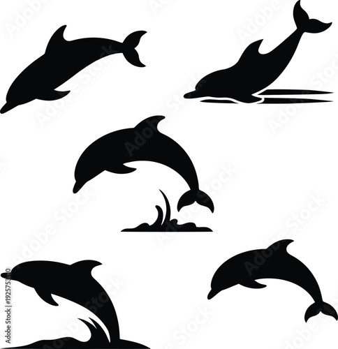Black silhouettes of dolphins in various swimming positions