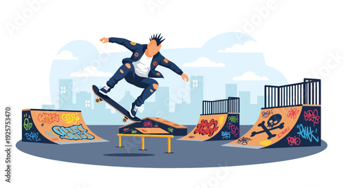Modern vector illustration of punk skateboarder performing trick in graffiti skatepark representing rebellious youth lifestyle, freedom and alternative urban sport culture