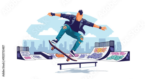 Modern vector illustration of punk skateboarder performing trick in graffiti skatepark representing rebellious youth lifestyle, freedom and alternative urban sport culture