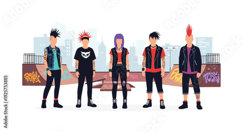 Modern vector illustration of diverse punk community group with bold hairstyles representing individuality, creativity and alternative culture unity