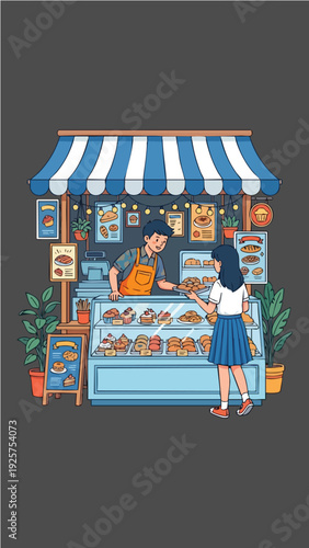 A cheerful vendor serves a customer at a charming food stall.