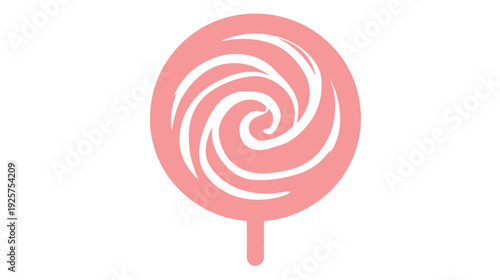 A flat pink lollipop with a spiral design against a white background. It's simplistic and clean