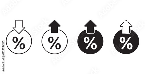 Percentage icons with up and down arrows set for financial growth and discount rate representation