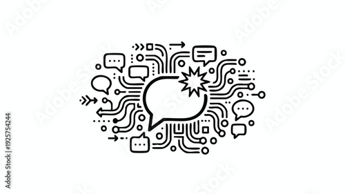 Abstract digital network of speech bubbles and circuits.