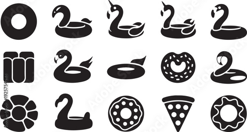 Assorted black silhouette of pool floats and summer treats including swans, donuts, pizza, and
