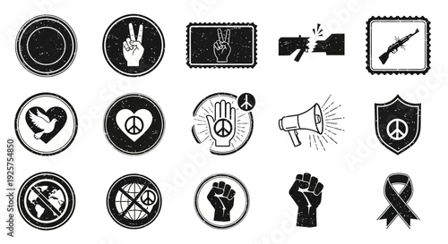 A collection of distressed black and white icons representing peace, anti-war, protest, and activism themes, including peace signs, doves, fists, and anti-gun symbols.