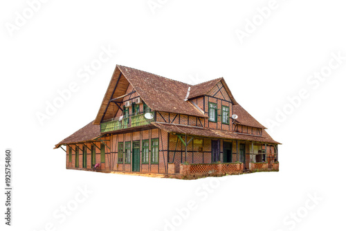 Traditional half-timbered (Fachwerk) style house with wooden beams, green windows and ceramic tile roof, transparent background for concepts of European heritage, architecture and immigration history.