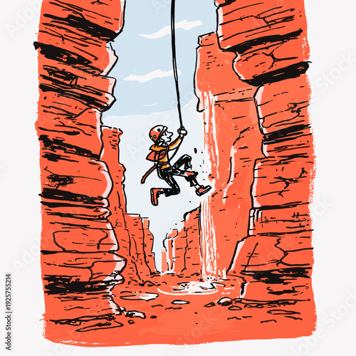 Rappelling Adventurer in Narrow Canyon Gorge