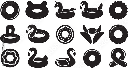 Assortment of Black Silhouette Inflatable Pool Floats Including Donuts Swans Unicorns and