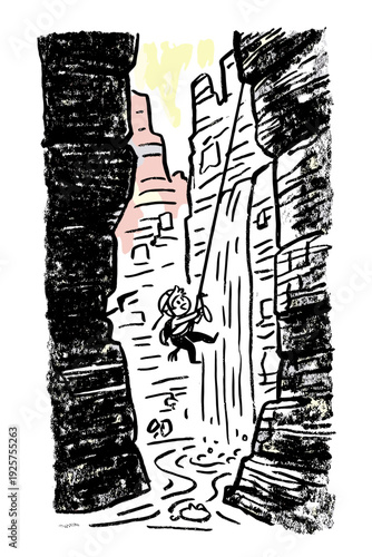 Rappelling Adventurer in Narrow Canyon Gorge