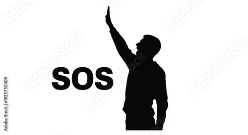 Silhouette of a man raising his hand near the letters sos in bold typeface