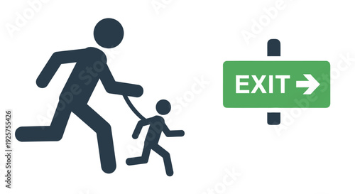 Emergency exit sign depicting a person and child running towards safety