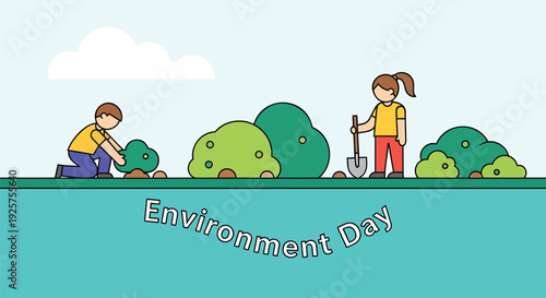 Environment Day vector illustration with kids planting trees