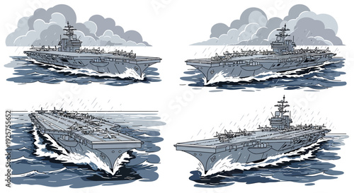Four stylized illustrations of an aircraft carrier sailing on the open ocean under a cloudy sky, depicted from various angles.