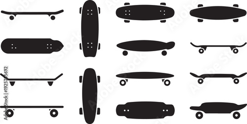 Assortment of Black Skateboard and Longboard Silhouettes in Various Orientations and Styles