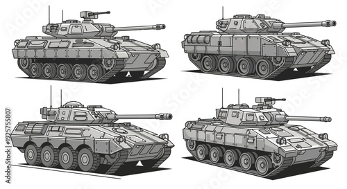 Detailed illustrations of four modern military armored vehicles, including tracked tanks and wheeled infantry fighting vehicles.