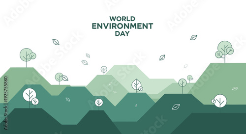 World Environment Day vector illustration with green mountains and eco icons