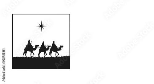 Three wise men travel across a desert landscape under a bright sun.