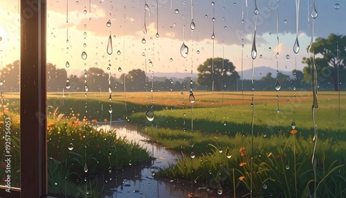 Rainy window view of serene golden farmland at sunrise with water droplets
