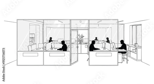 Office workspace vector illustration with cubicles and people