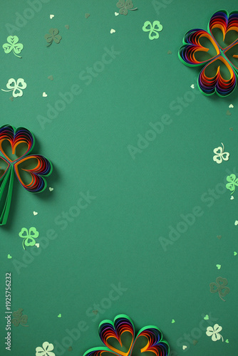St. Patrick's Day frame made of rainbow paper shamrocks with central copy space. Creative border design on green background for festive Irish greetings and text.