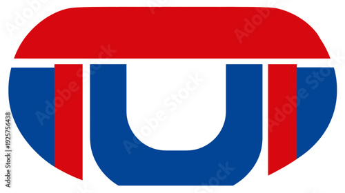 A geometric design featuring a U-shape within an oval and a red horizontal bar