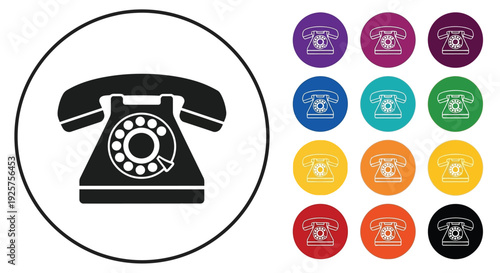 Rotary dial telephone icons are shown in many bright colors.