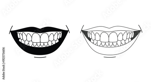 A mouth with teeth is shown in black and white outline contrast.