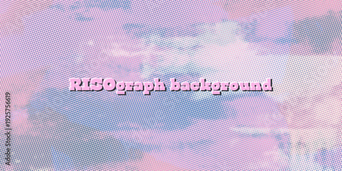 Pastel riso texture background, pink blue color haze, soft paper grain, abstract paint clouds. Halftone dot overlay, vintage grunge distress, urban collage poster feel, stamp print look. Vector illust