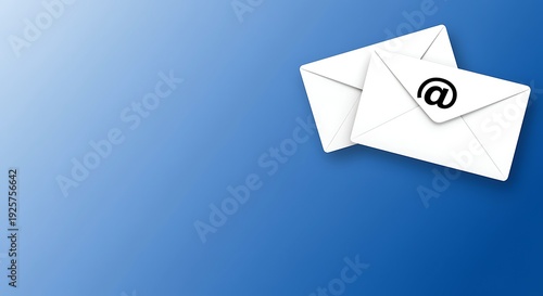 Two white envelopes with at symbol on top envelope against blue background with gradient effect from light to dark  mail and communication concept
