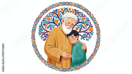 Loving grandfather embraces his grandson with affection and care.