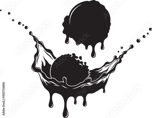 Dramatic black silhouette of melting ice cream scoops splashing into a liquid, evoking a sense of intense flavor and indulgence.
