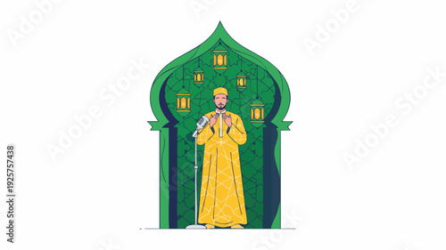 Man in traditional yellow robe standing inside an ornate archway.