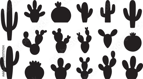 Black Silhouettes of Various Cactus and Succulent Shapes on White Background
