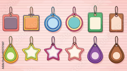 Colorful assortment of decorative gift tags and gift boxes in various shapes and sizes