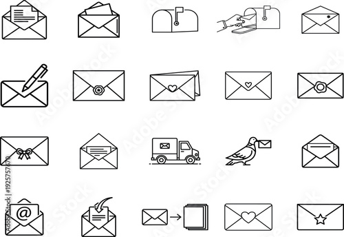 Mail and Envelope Line Icons Set – Email, Message, Post Delivery, Love Letter Outline Vector Collection