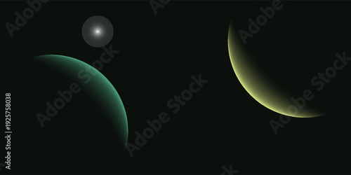 Two planets are partially illuminated with a crescent of light against the vast darkness of space, one glowing yellow-green and the other teal.
