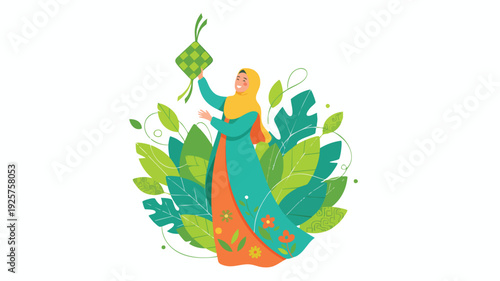 Muslim Woman Holding Ketupat During Festive Season.