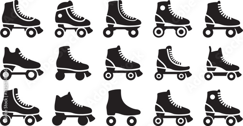 Collection of black and white roller skates with different and styles footwear wheels