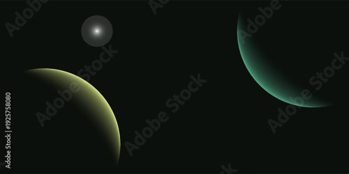Two planets are partially illuminated with a crescent of light against the vast darkness of space, one glowing yellow-green and the other teal.