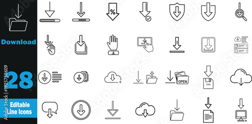 Download icon set . Download Arrow, Open Folder, Save Disk, Cloud Download, File Document, Download Box, Upload Arrow, File Transfer, ZIP Archive, Download Progress   .Vector illustration
