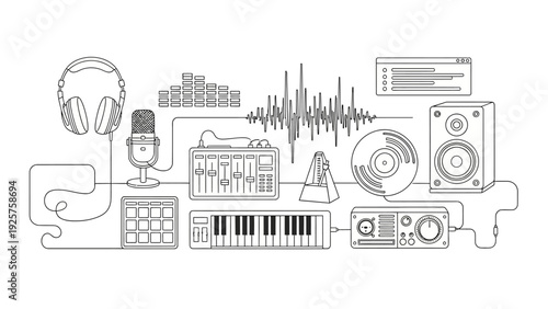Set of music production and audio equipment icons